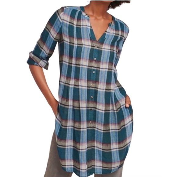 Anthropologie Womens Akemi Kin Plaid Lucie Long Tunic Top Soft Rayon Wool Blouse - Picture 1 of 10